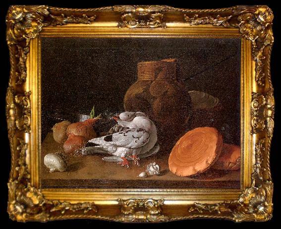 framed  Melendez, Luis Eugenio Still Life with Pigeons, Onions, Bread and Kitchen Utensils, ta009-2